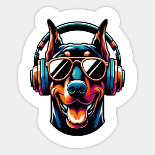 Doberman Pinscher Smiling DJ with Stylish Gear Sticker